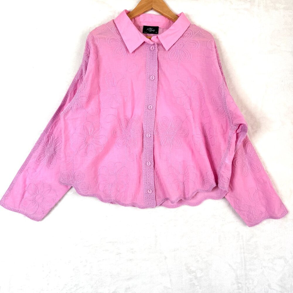 MILK & HONEY Floral Embroidery Cropped Scalloped Boxy Blouse Womens S Pink